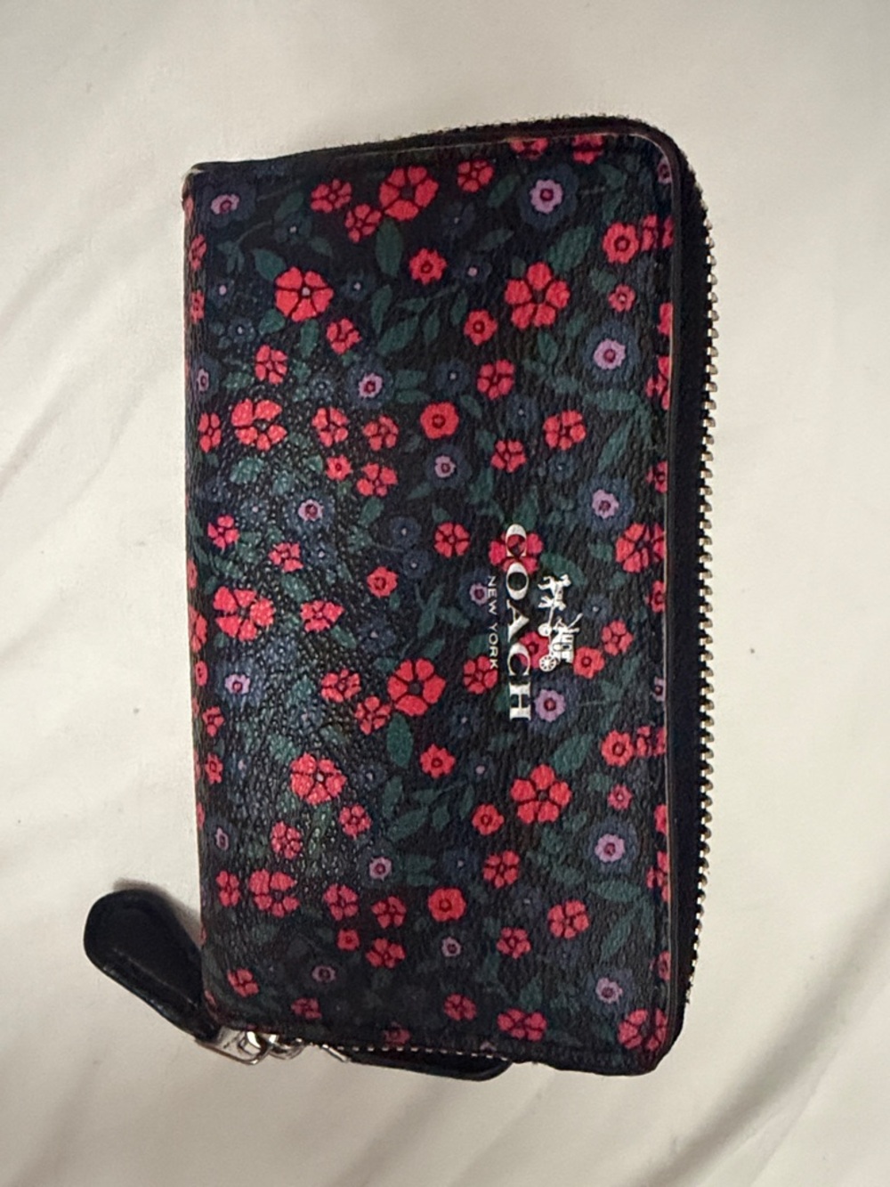Coach Black Floral Zip Wallet with Pink & Purple Accents